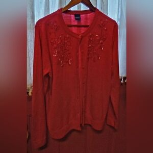 Chic Red Women's Cardigan with Floral Embroidery